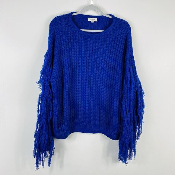 Umgee Size Medium Fringe Sleeve Open Knit Sweater Blue - Picture 1 of 5